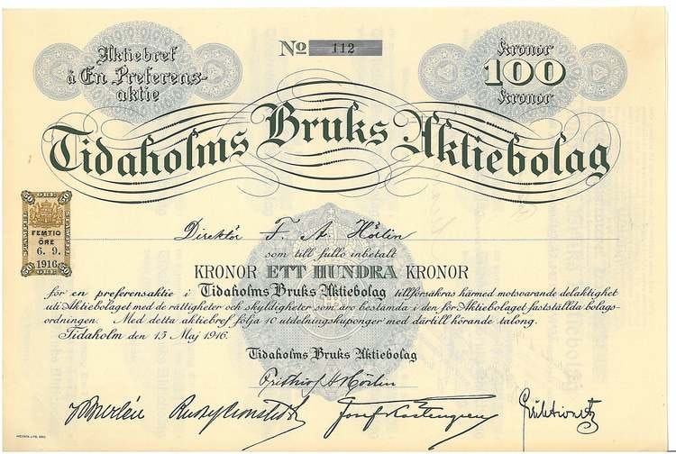 Tidaholms Bruks AB 100 kr, 1916