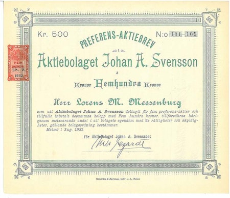 Johan A. Svensson, AB, 500 kr