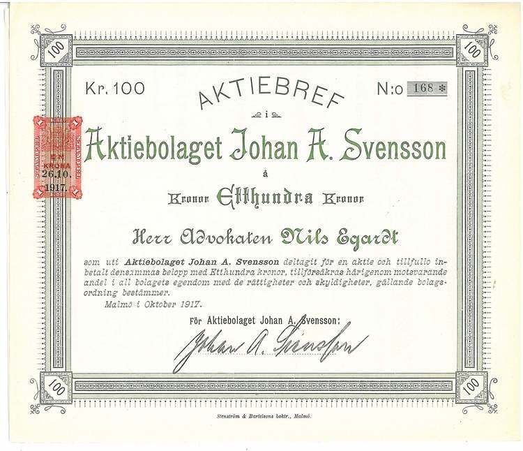 Johan A. Svensson, 100 kr
