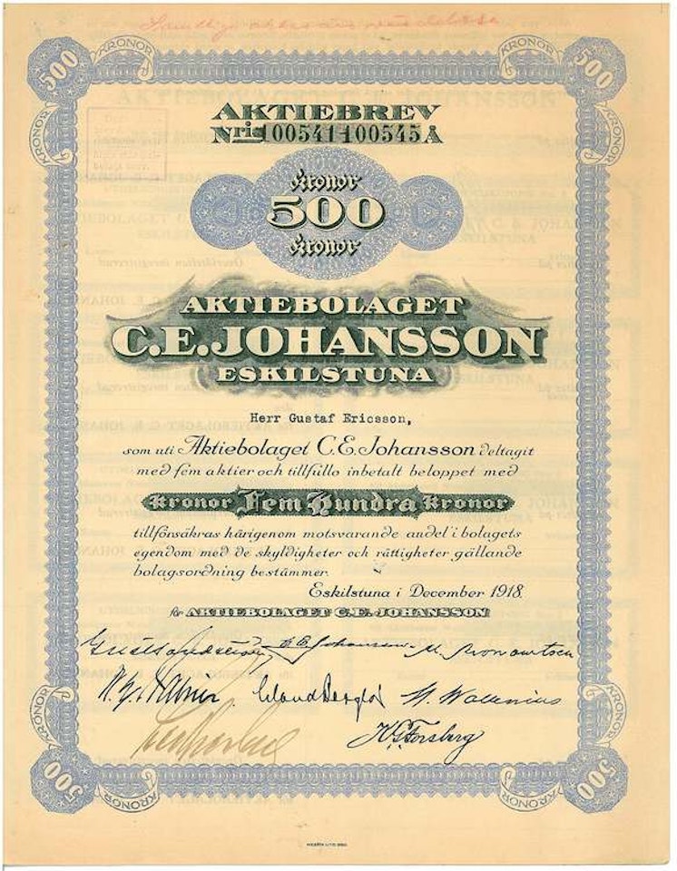 Johansson Eskilstuna, AB C.E, 500 kr