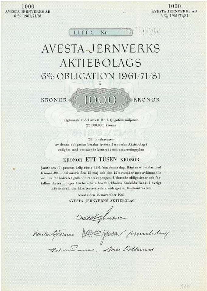 Avesta Jernverks AB 6% 1961