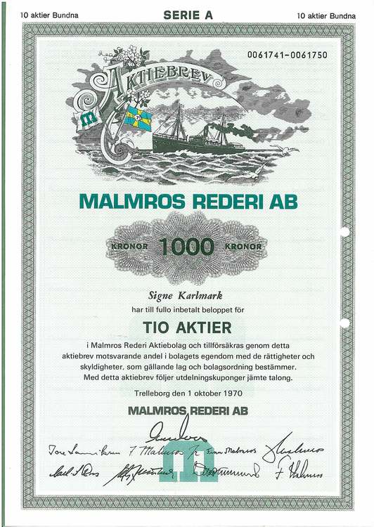 Malmros Rederi AB, 1 000 kr, 1970,