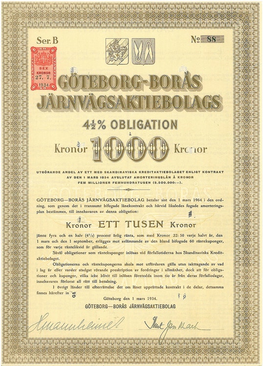 Göteborg-Borås Jernvägs AB, 4 1/2% Obl.