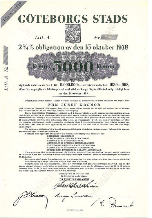 Göteborgs Stads AB, 2 3/4%, 5000 kr, 1938