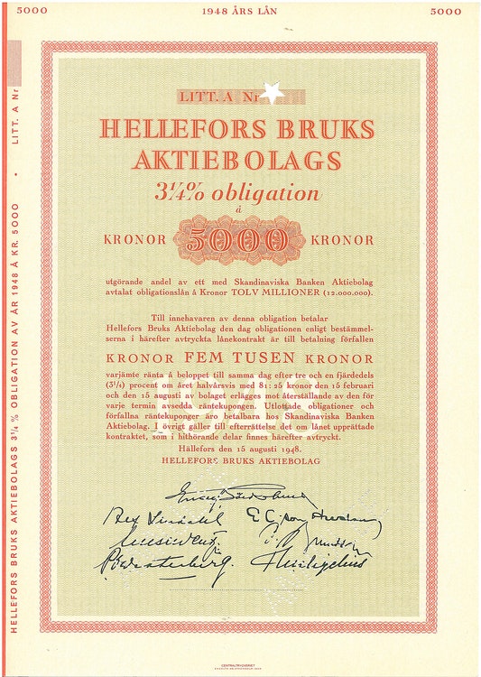 Hellefors Bruks AB, 3 1/4%, 5000 kr