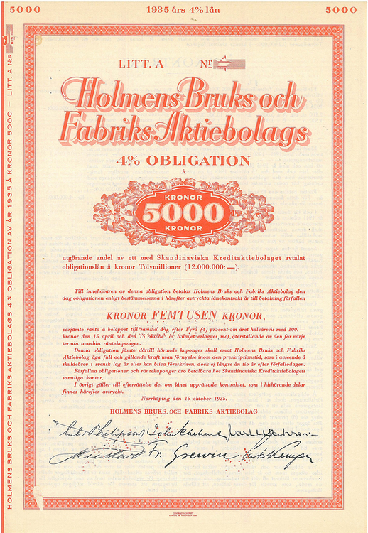 Holmens Bruks och Fabriks AB, 4 %, 5000 kr