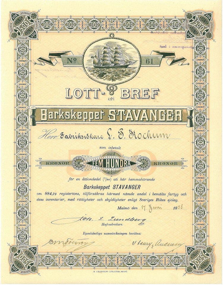 Barkskeppet Stavanger, 500 kr, 1898, Malmö