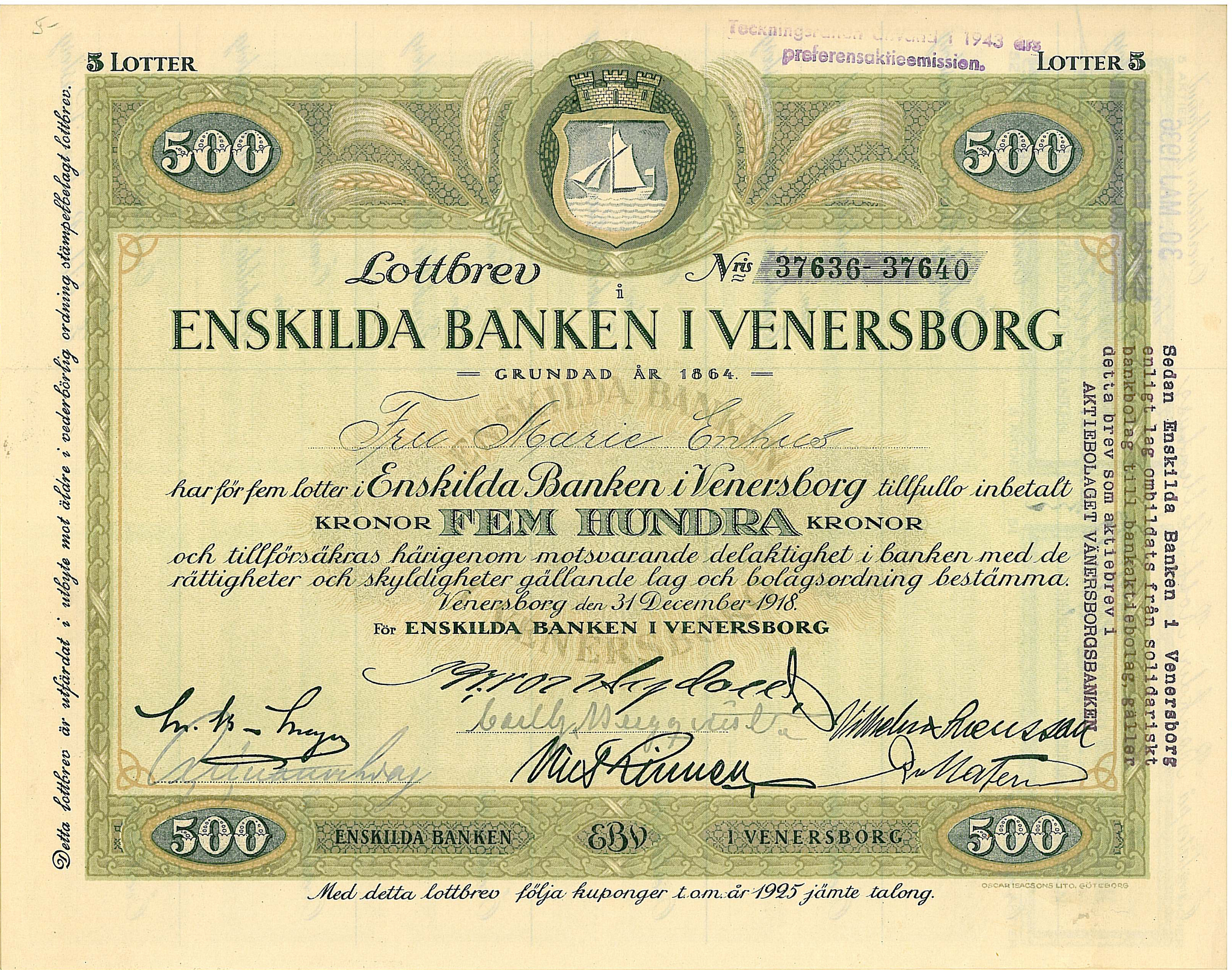 Enskilda Banken i Venersborg 500 kr