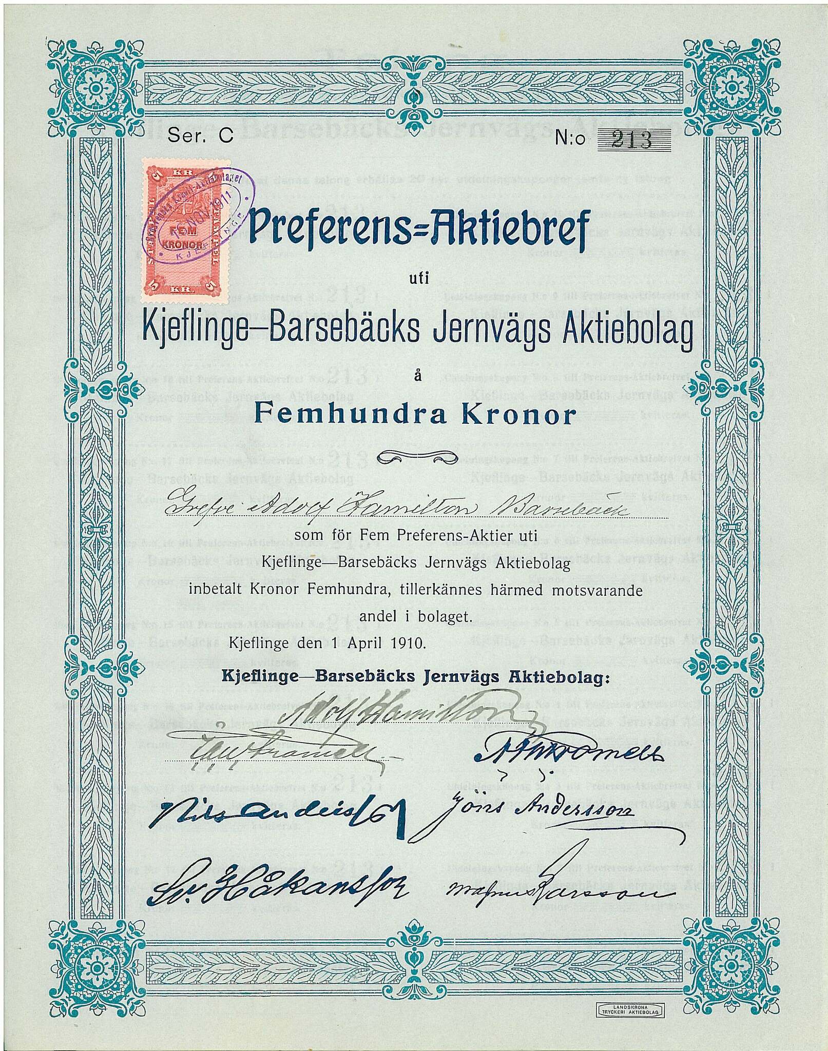 Kjeflinge-Barsebäcks Jernvägs AB, 500 kr, 1910,