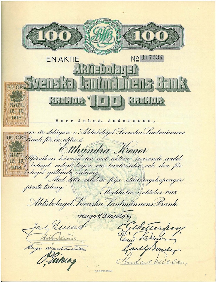 Svenska Lantmännens Bank, AB 1918