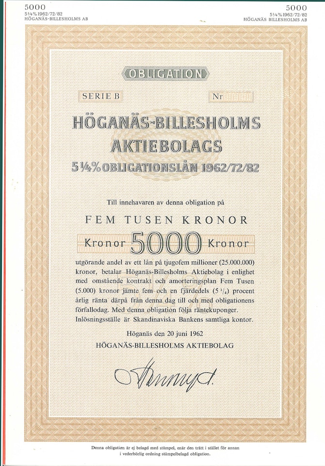 Höganäs-Billesholms AB, 5000 kr 1962