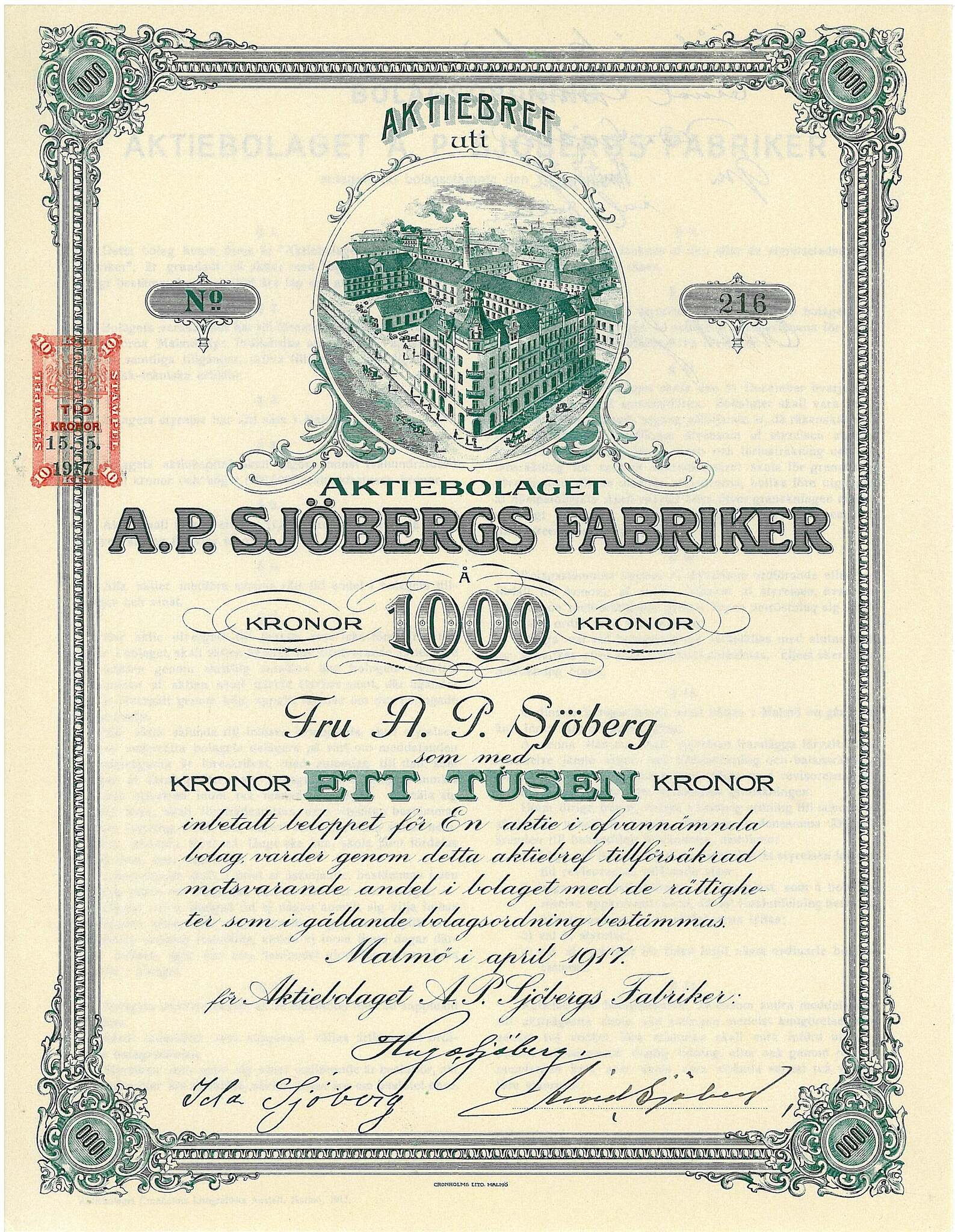 Sjöbergs Fabriker, AB A.P. 1913