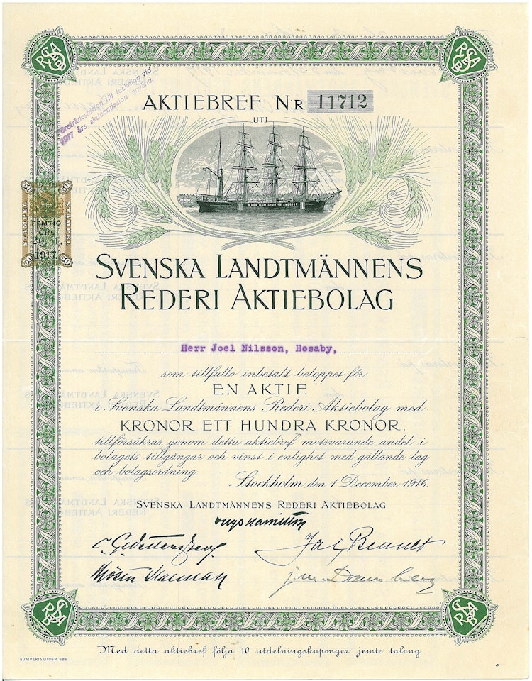 Svenska Landtmännens Rederi AB 100 kr