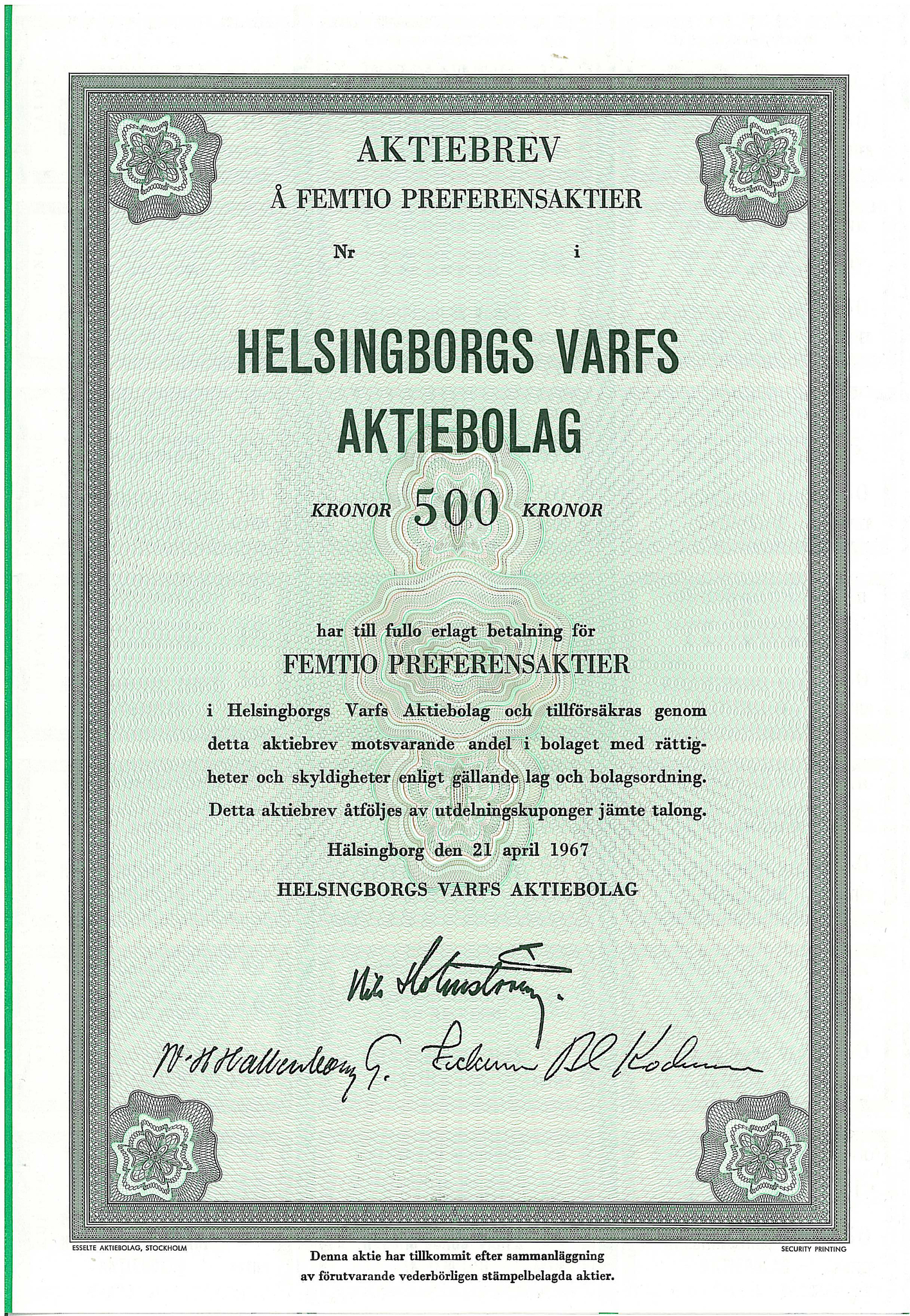 Helsingborgs Varfs AB, 500 kr, 1967