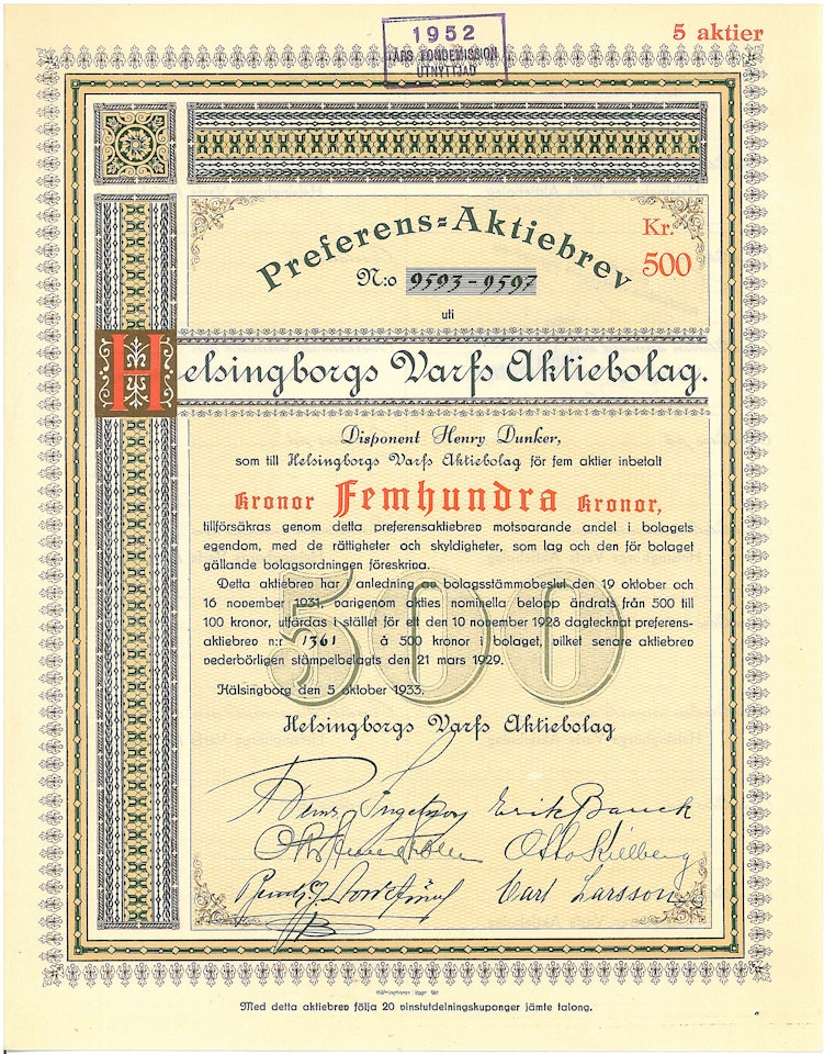Helsingborgs Varfs AB, 500 kr, 1929