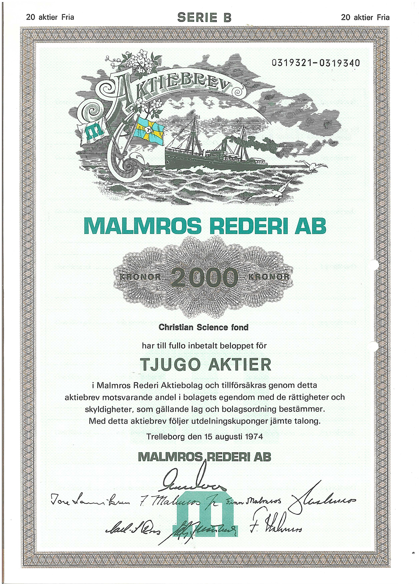 Malmros Rederi AB, 2 000 kr, 1970