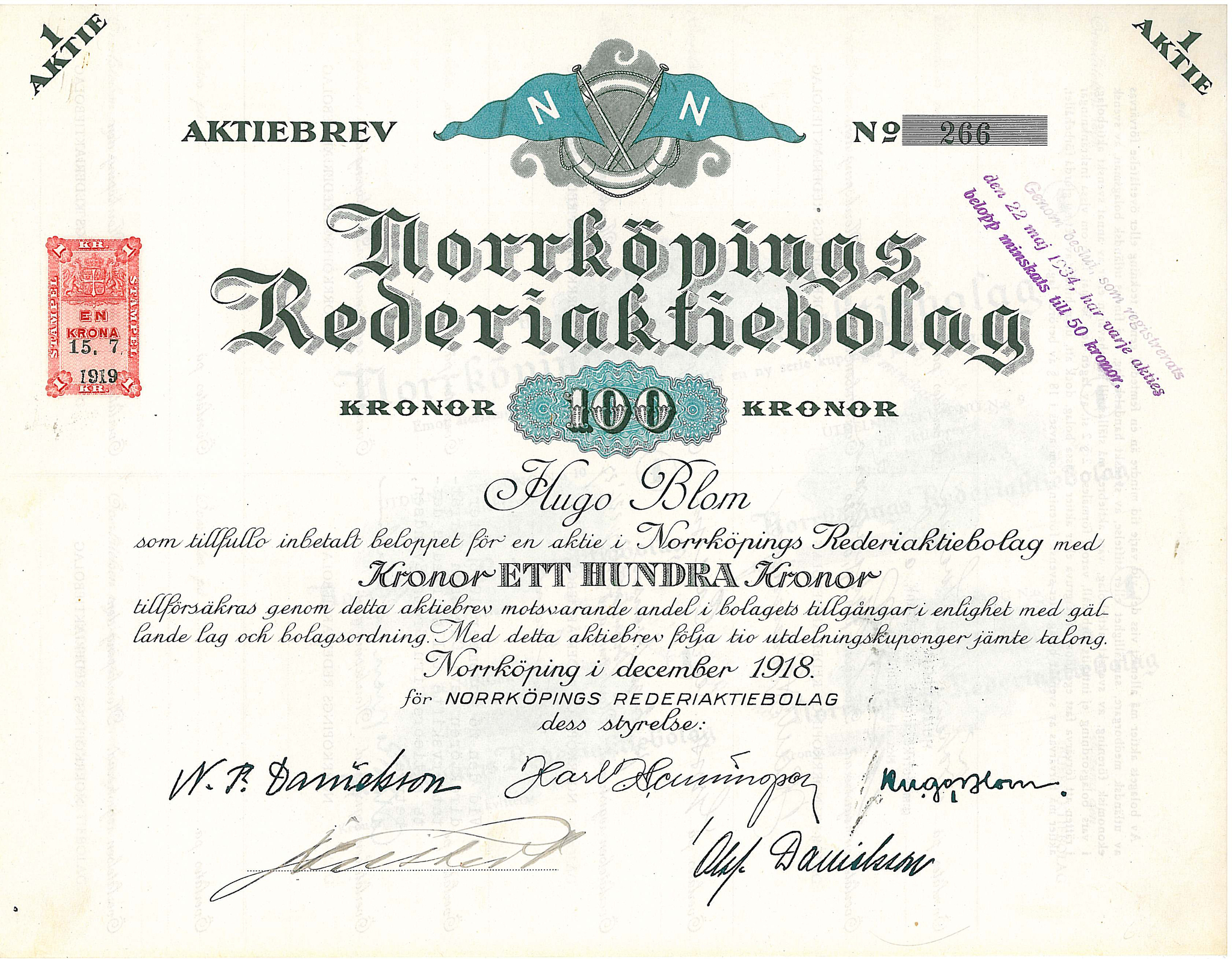 Norrköpings Rederi AB 100 kr