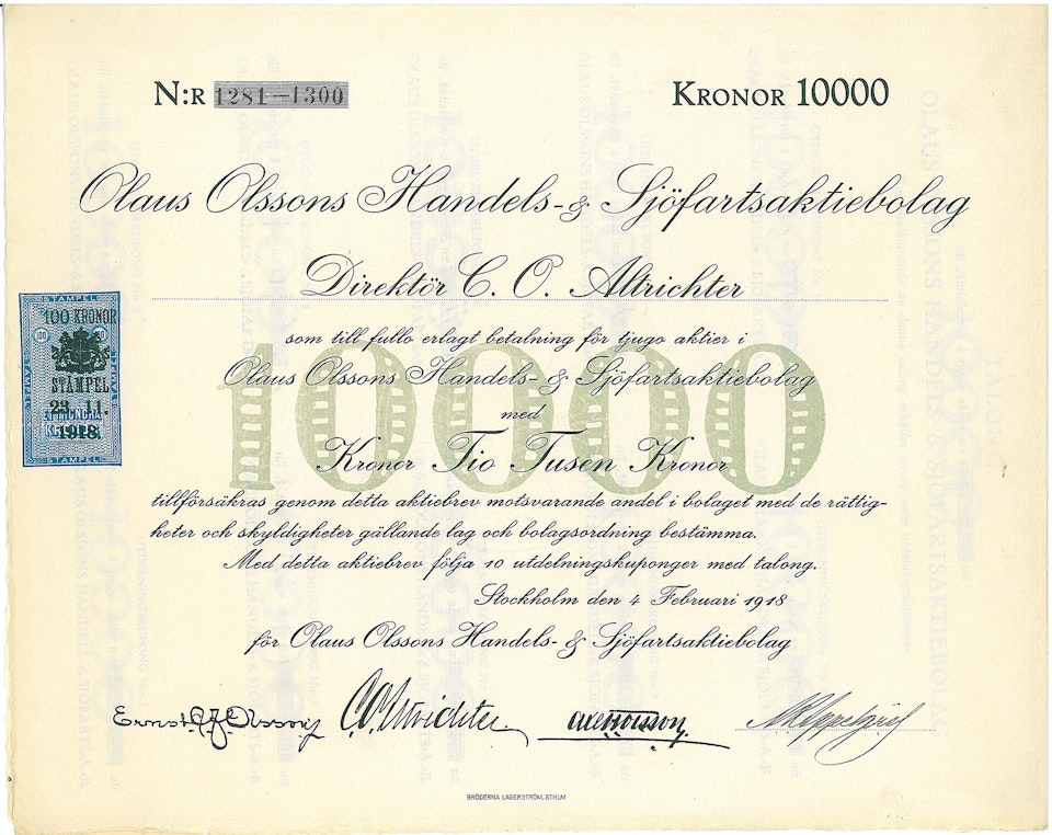 Olaus Olssons Handels & Sjöfarts AB, 10 000 kr, 1918