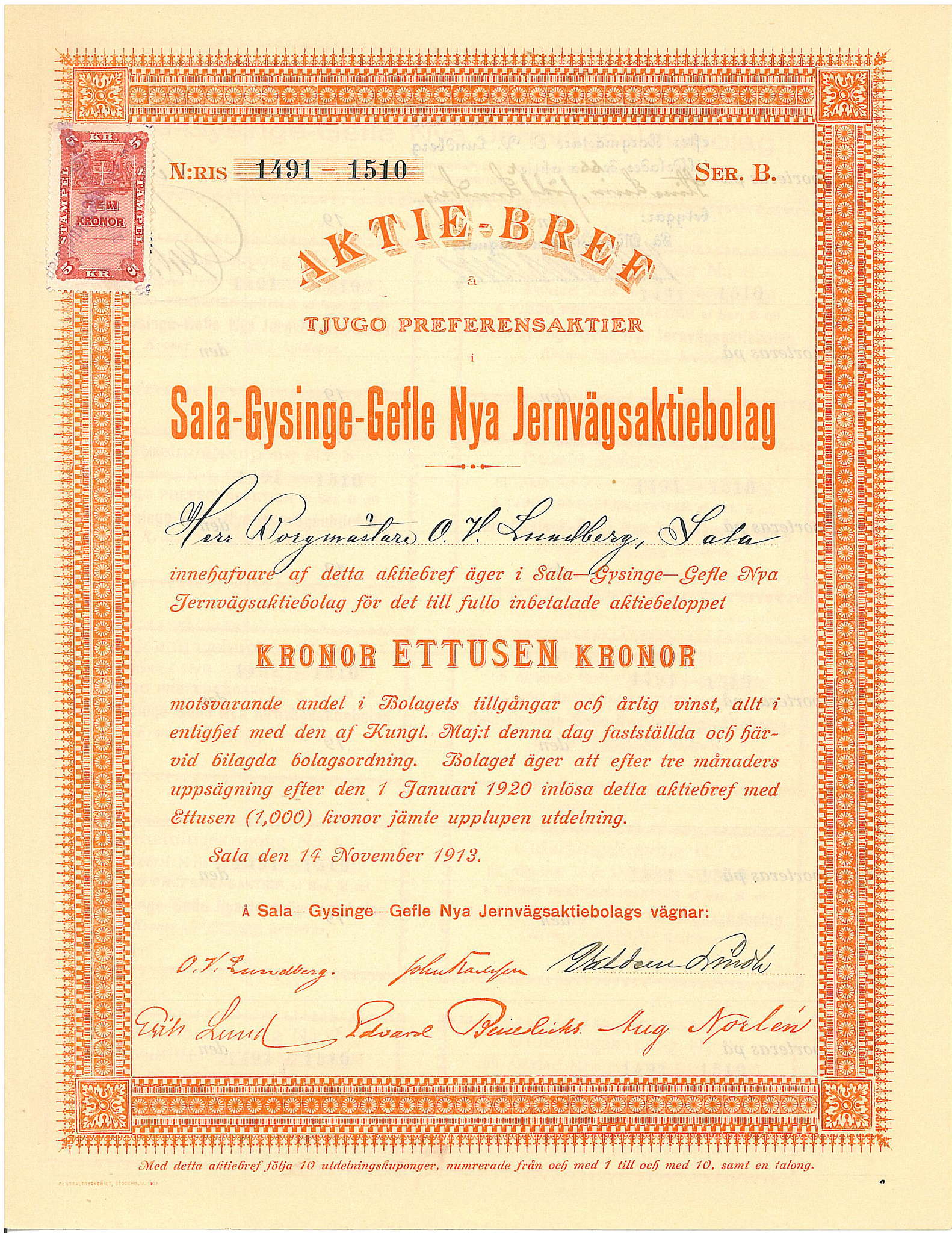 Sala-Gysinge-Gefle Nya Jernvägs AB, 1 000 kr 1913