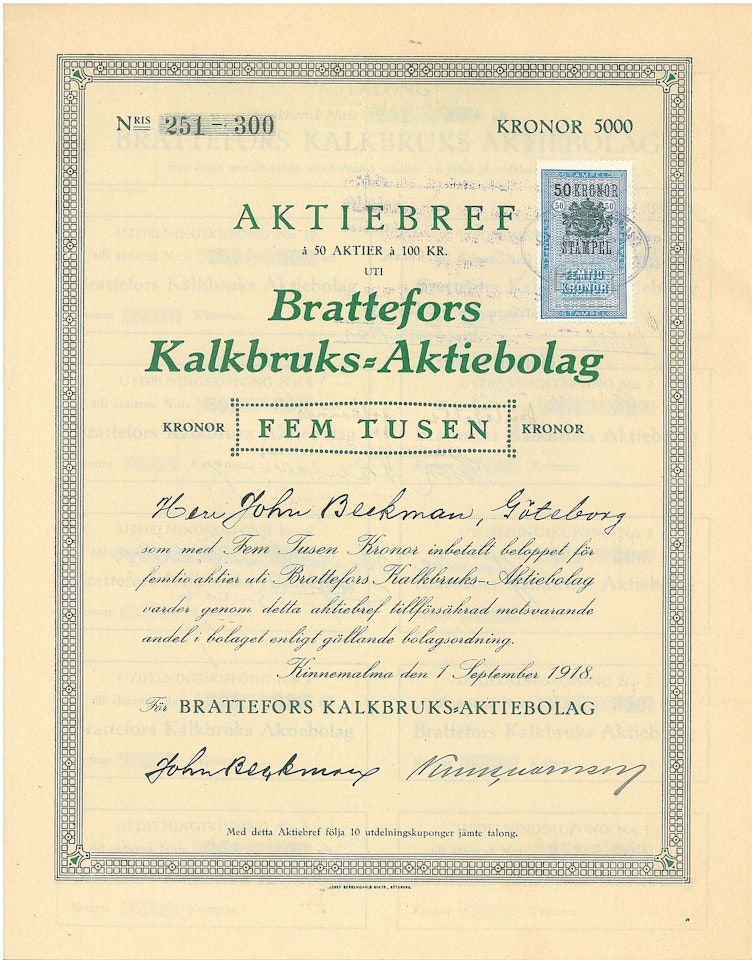 Brattefors Kalkbruks AB, 5 000 kr, 1918
