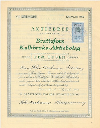 Brattefors Kalkbruks AB, 5 000 kr, 1918