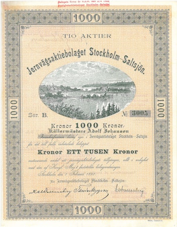Jernvägs AB Stockholm-Saltsjön, 1 000 kr, 1892