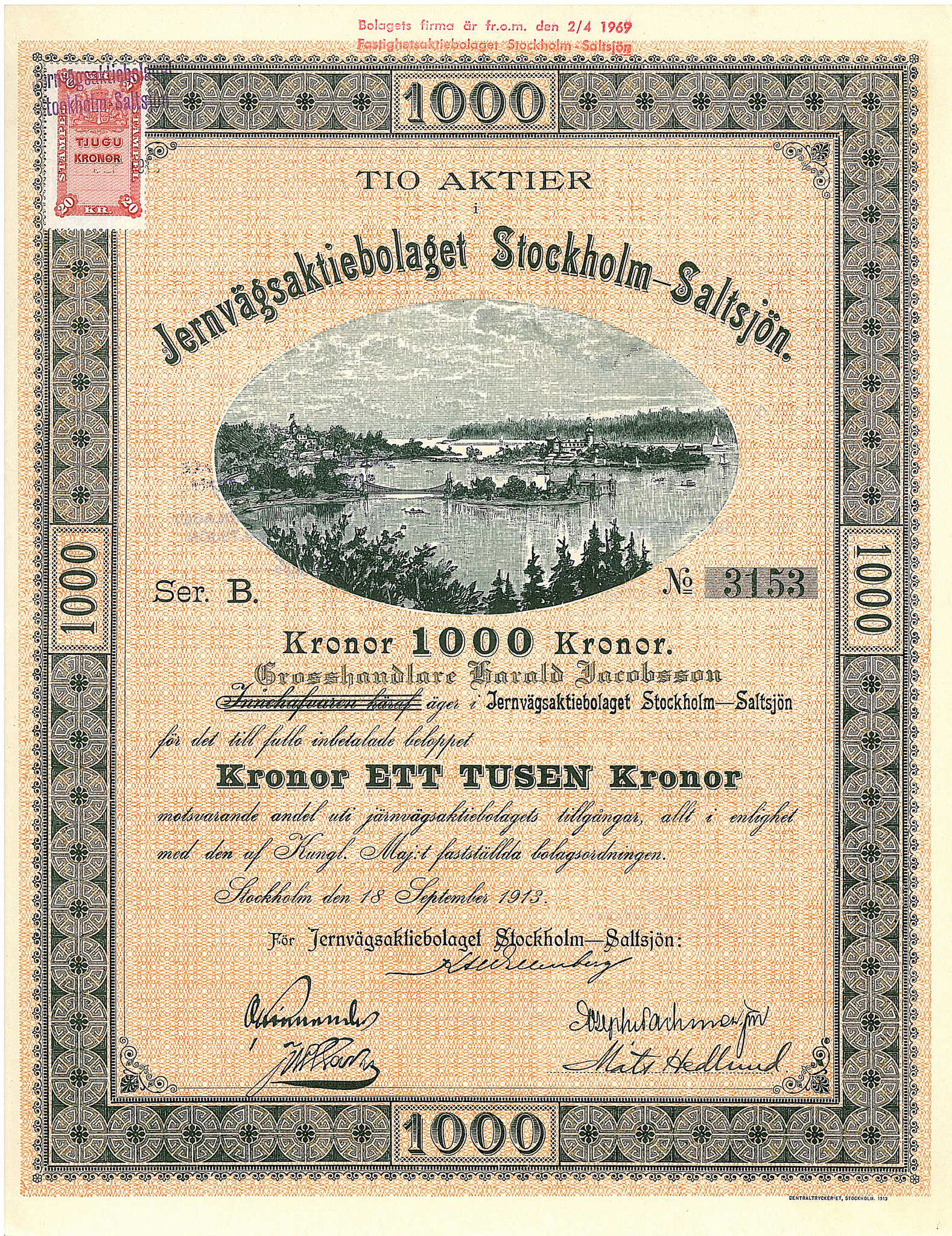 Jernvägs AB Stockholm-Saltsjön, 1 000 kr, 1913