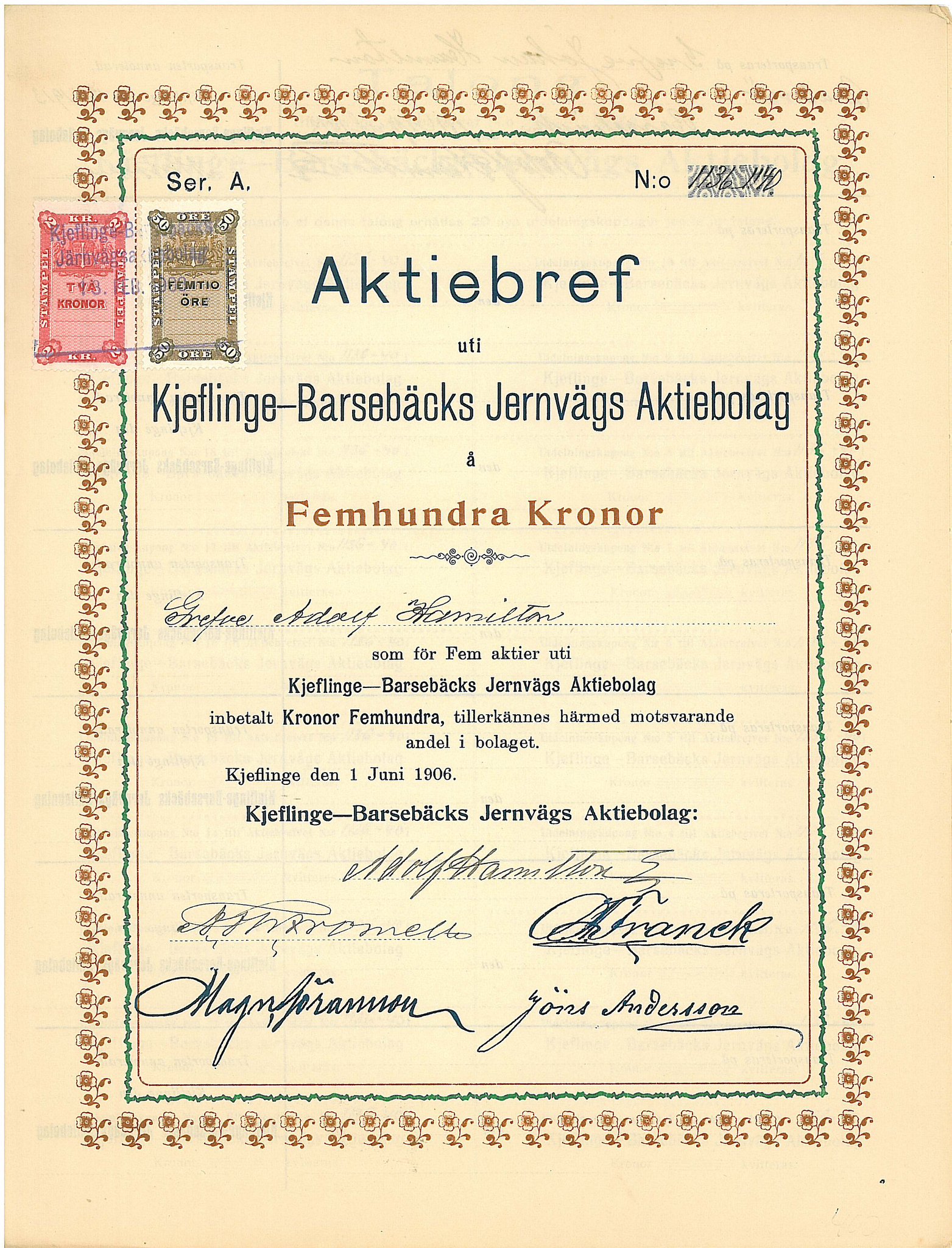 Kjeflinge-Barsebäcks Jernvägs AB, 500 kr 1906