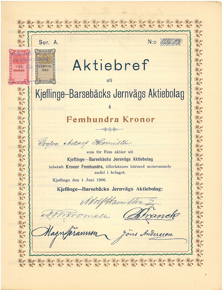 Kjeflinge-Barsebäcks Jernvägs AB, 500 kr 1906