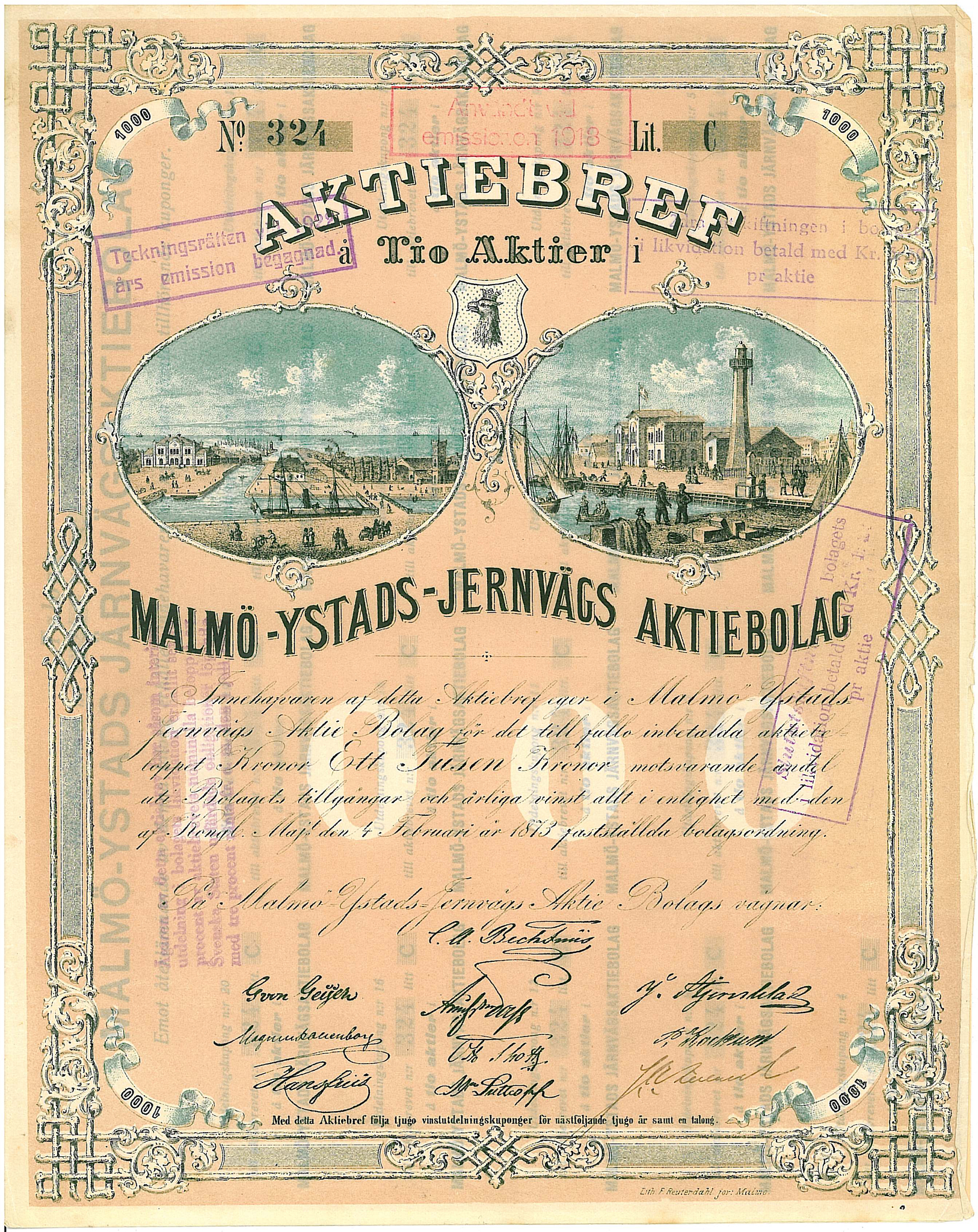 Malmö-Ystads Järnvägs AB, 1 000 kr, 1873,