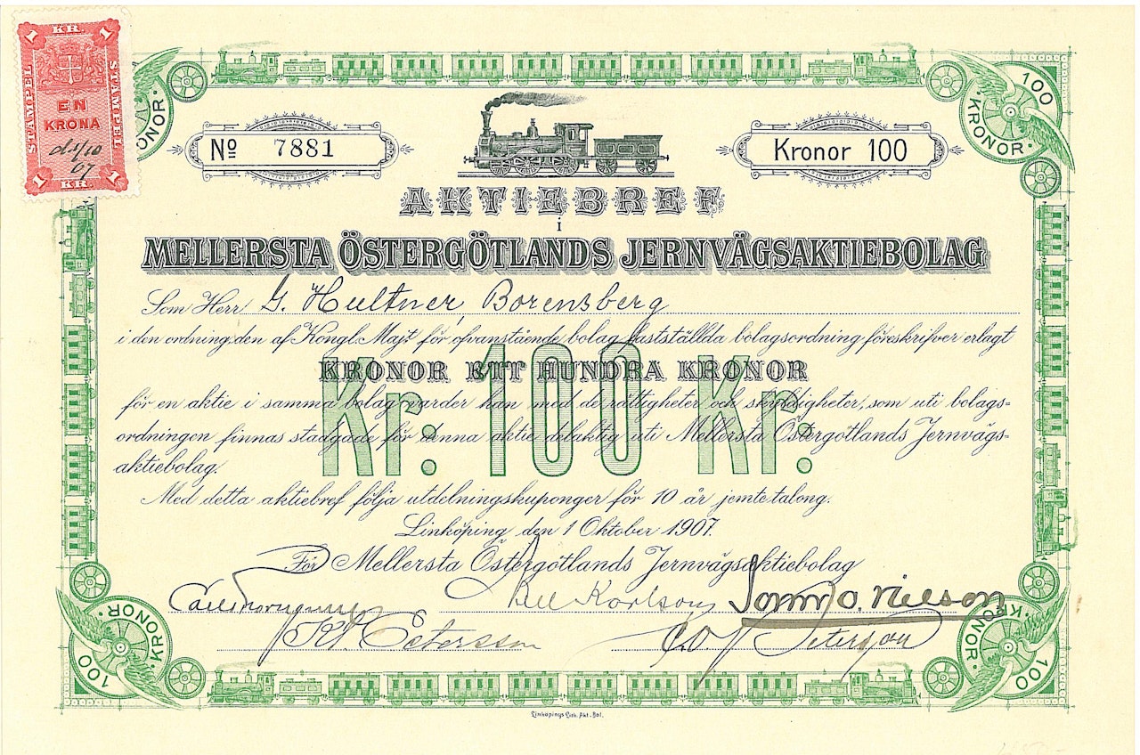 Mellersta Östergötlands Jernvägs AB, 100 kr, 1907