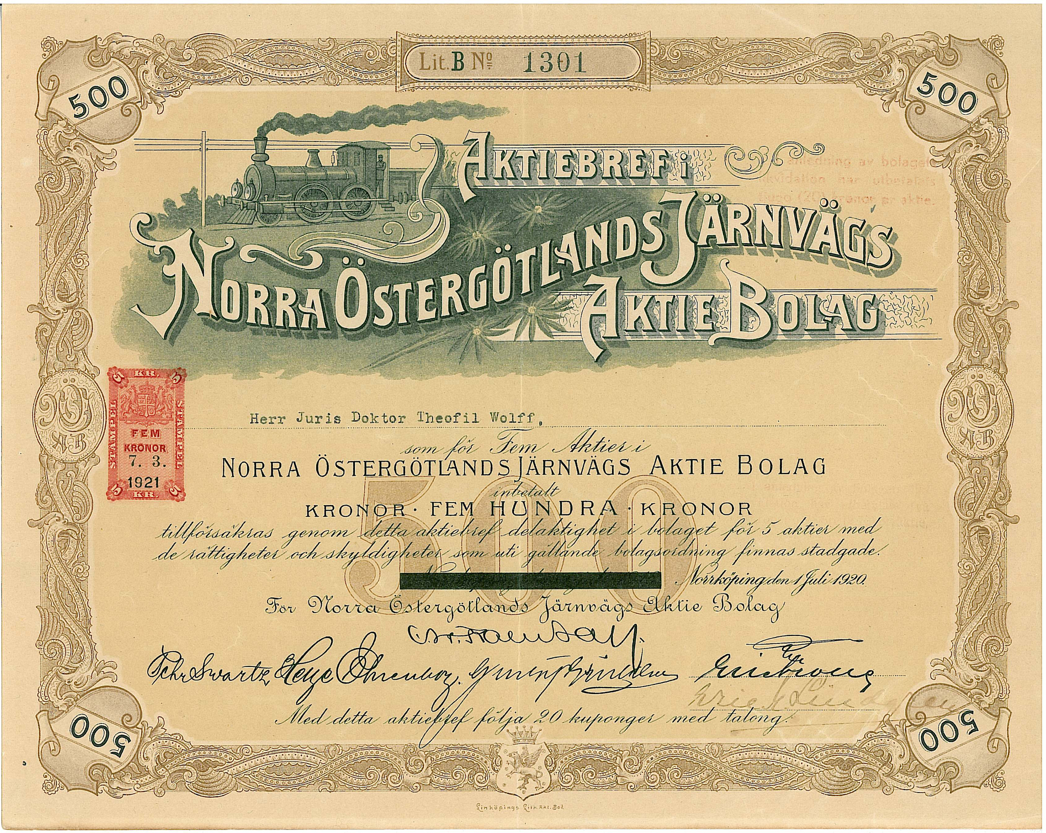 Norra Östergötlands Järnvägs AB, 500 kr, 1920
