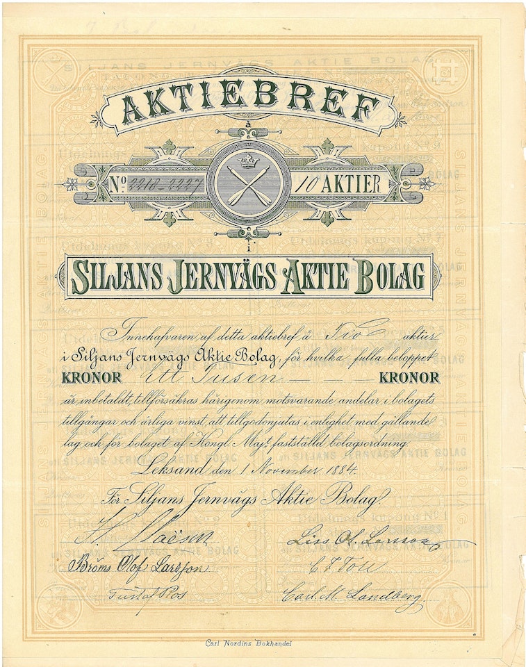 Siljans Jernvägs AB, 1 000 kr, 1884
