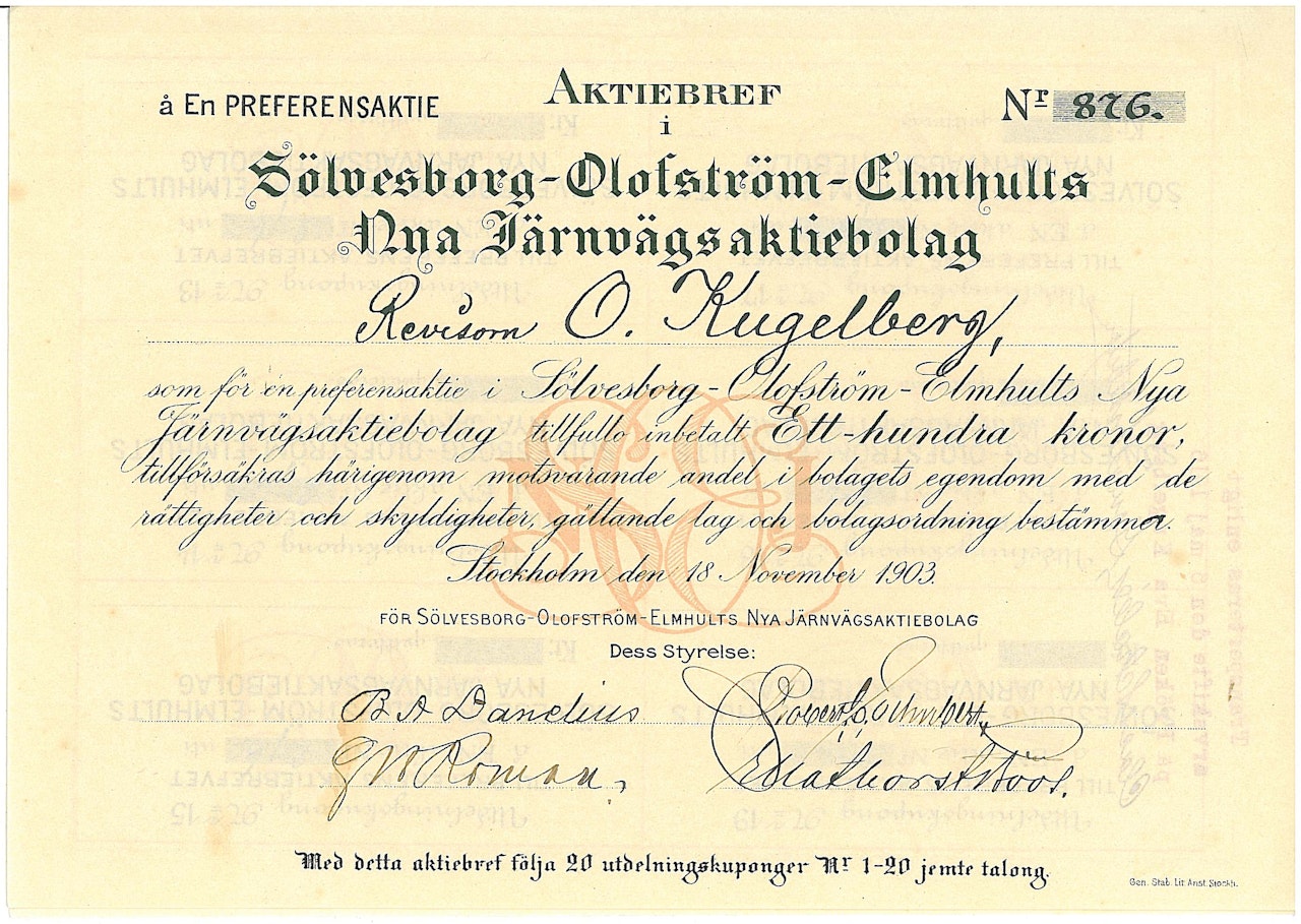 Sölvesborg-Olofström-Elmhults Nya Järnvägen, 100 kr, 1903