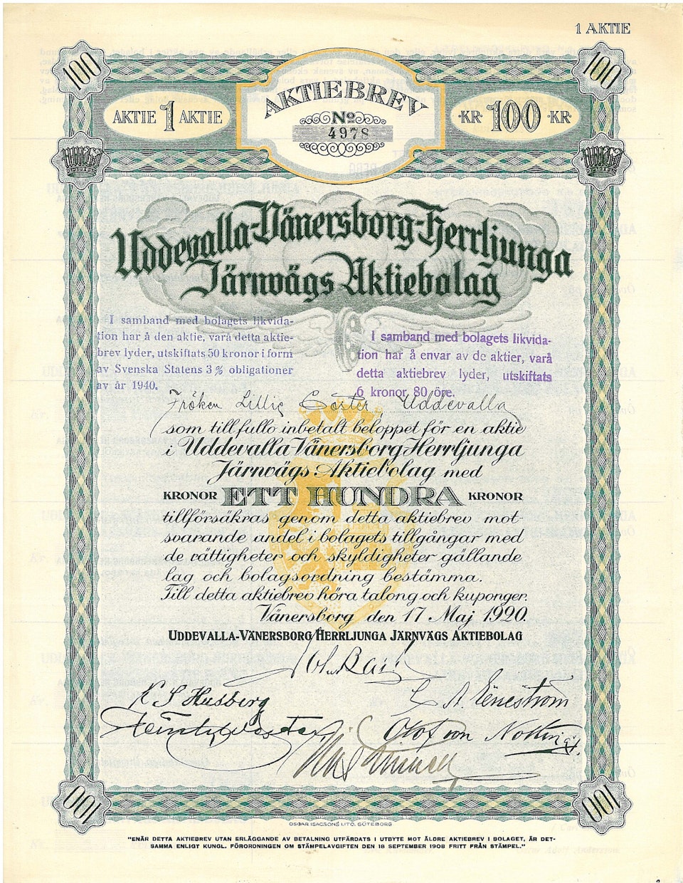 Uddevalla-Vänersborg-Herrljunga Järnvägs AB 100 kr, 1920
