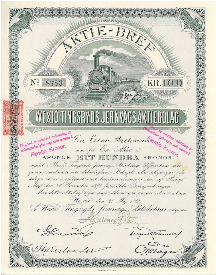 Wexiö-Tingsryds Jernvägs AB, 100 kr, 1919