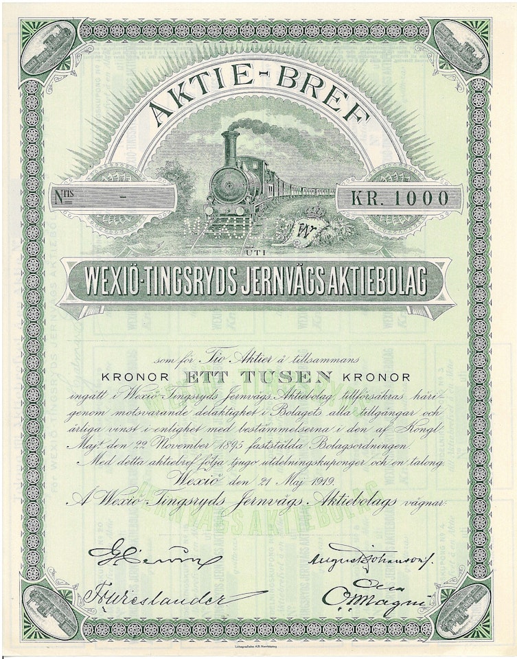 Wexiö-Tingsryds Jernvägs AB, 1000 kr, 1919