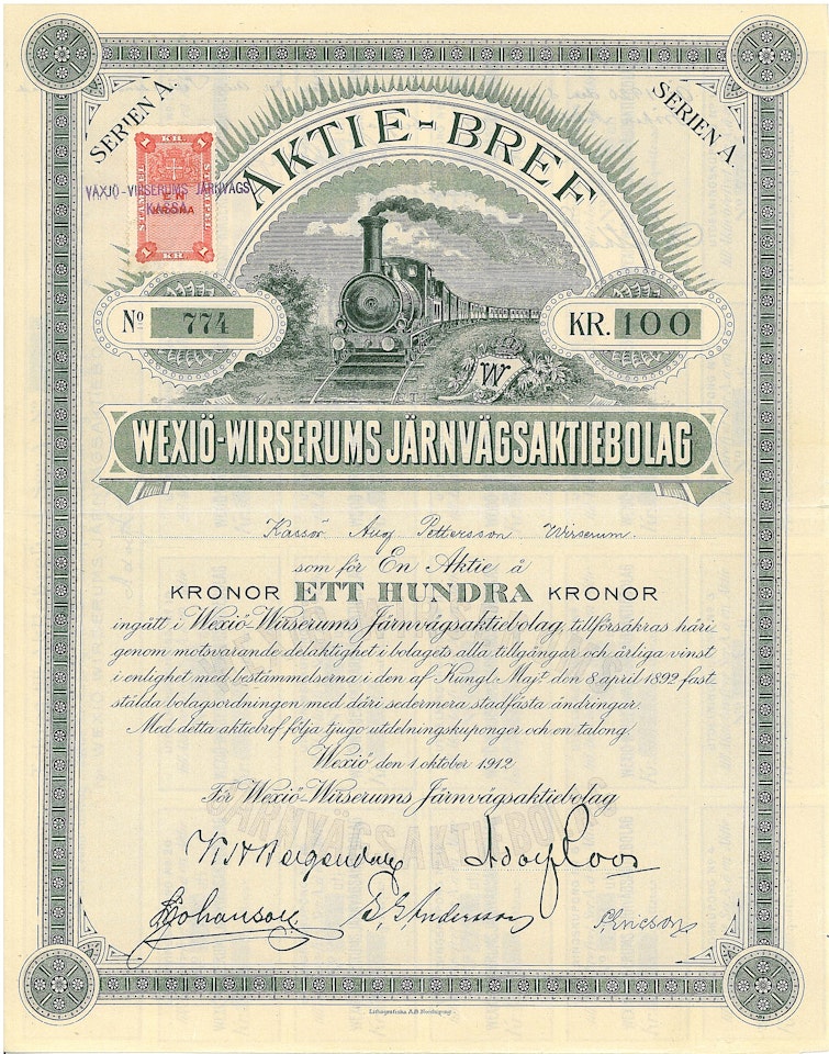 Wexiö-Wirserums Järnvägs AB, 100 kr, 1912