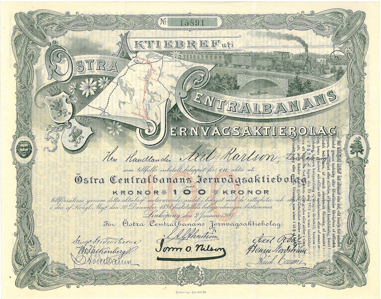 Östra Centralbanans Jernvägs AB, 100 kr, 1900