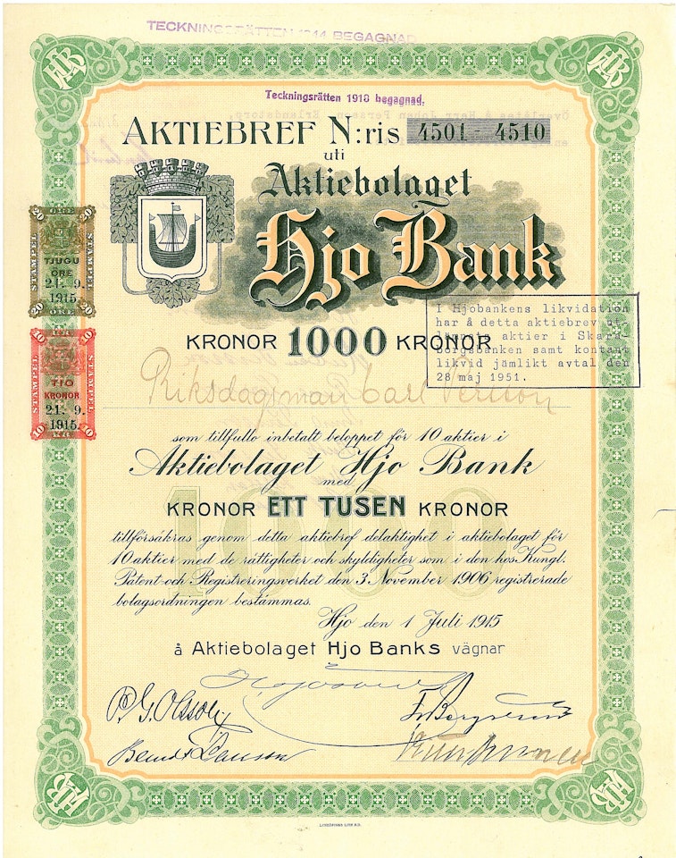 Hjo Bank, AB, 1000 kr