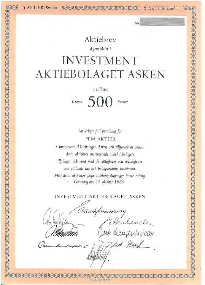 Investment AB Asken, 500 kr.