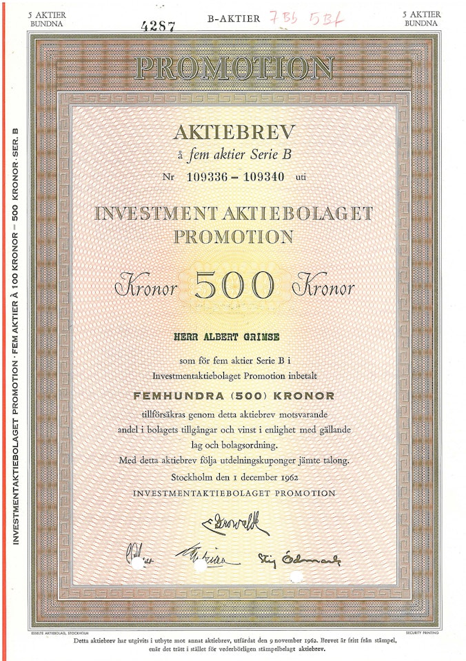 Investment AB Promotion 500 kr