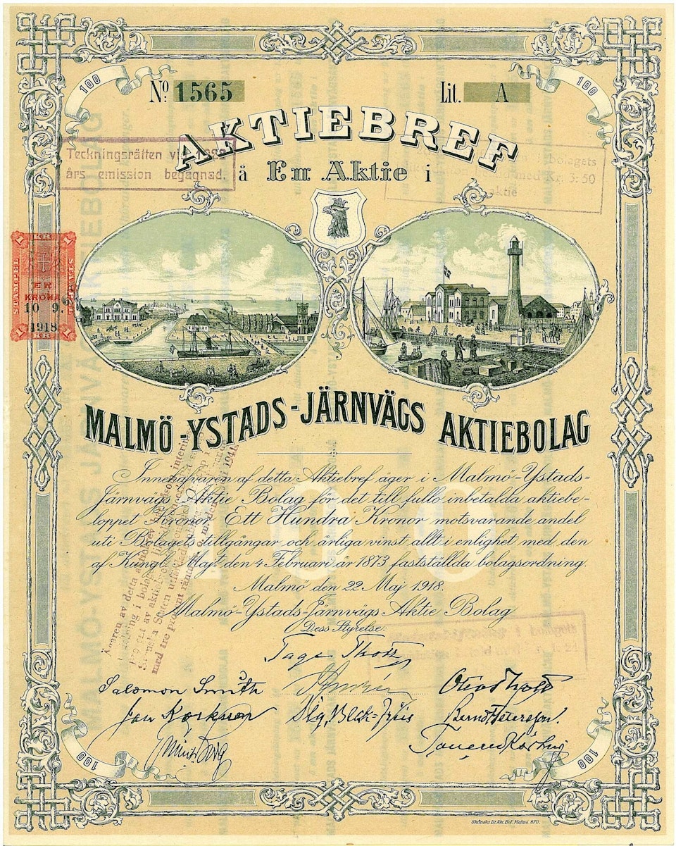 Malmö-Ystads Järnvägs AB, 100 kr, 1918