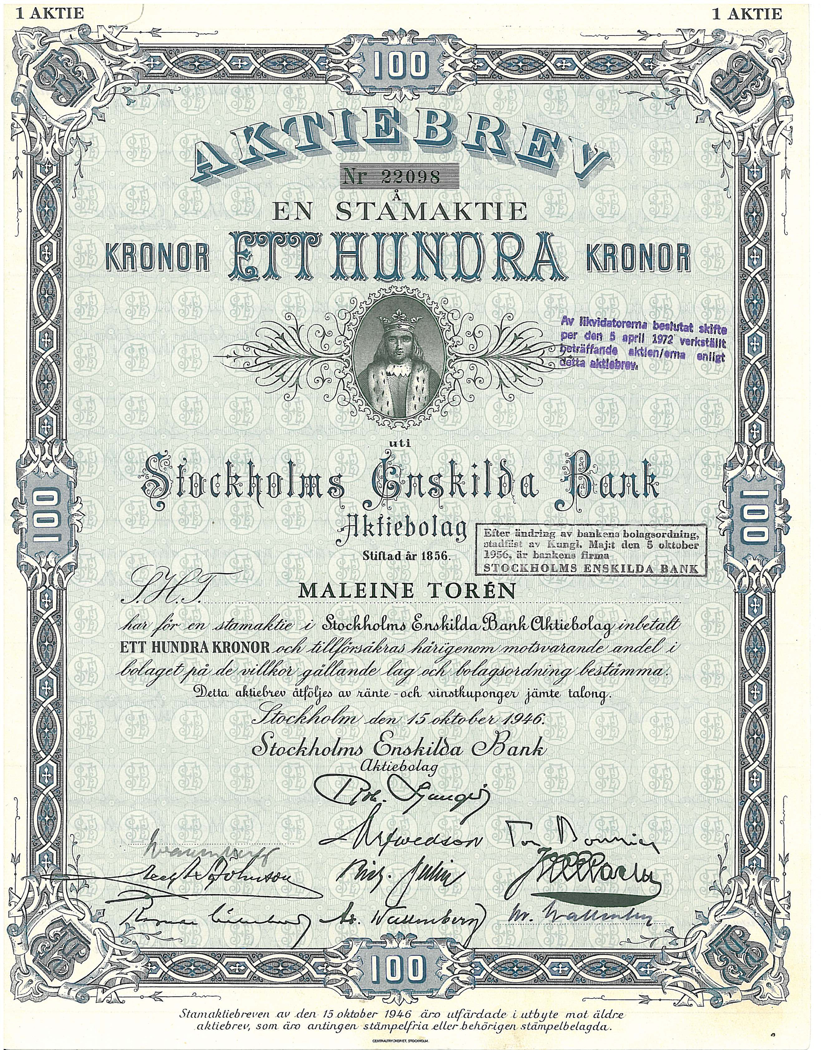 Stockholms Enskilda Bank, 100 kr, 1946