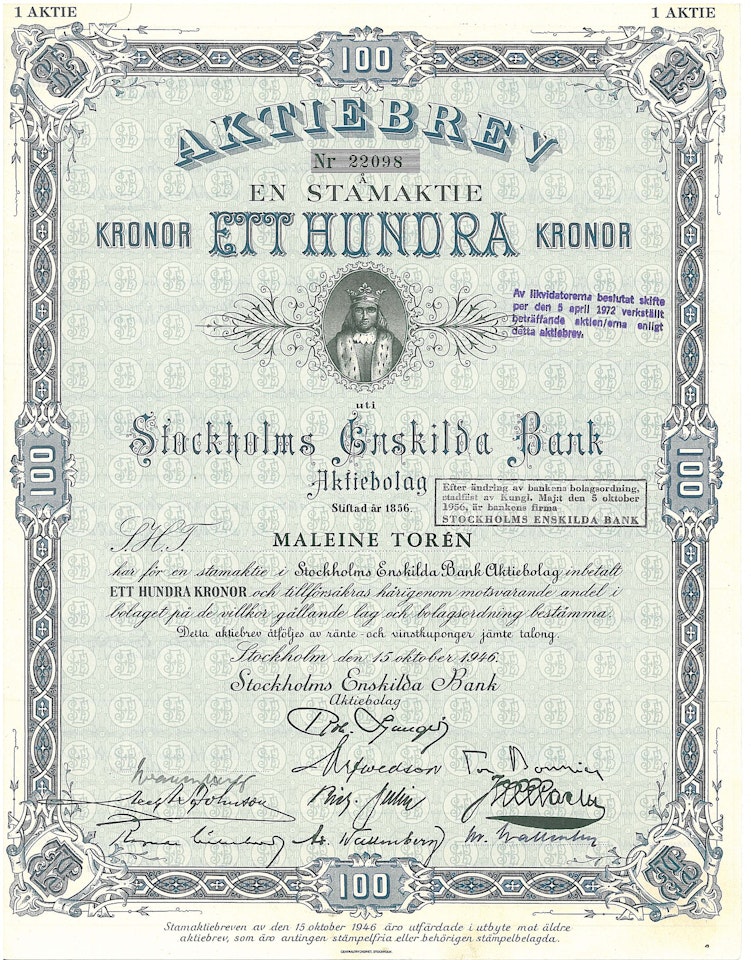 Stockholms Enskilda Bank, 100 kr, 1946