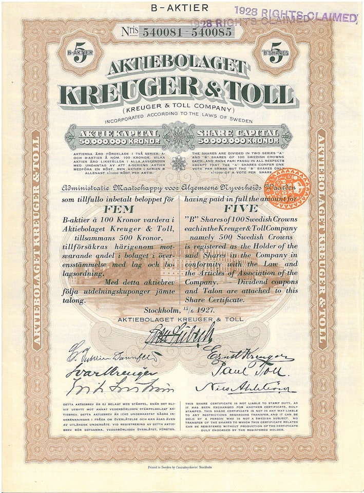 Kreuger & Toll, AB, 1927