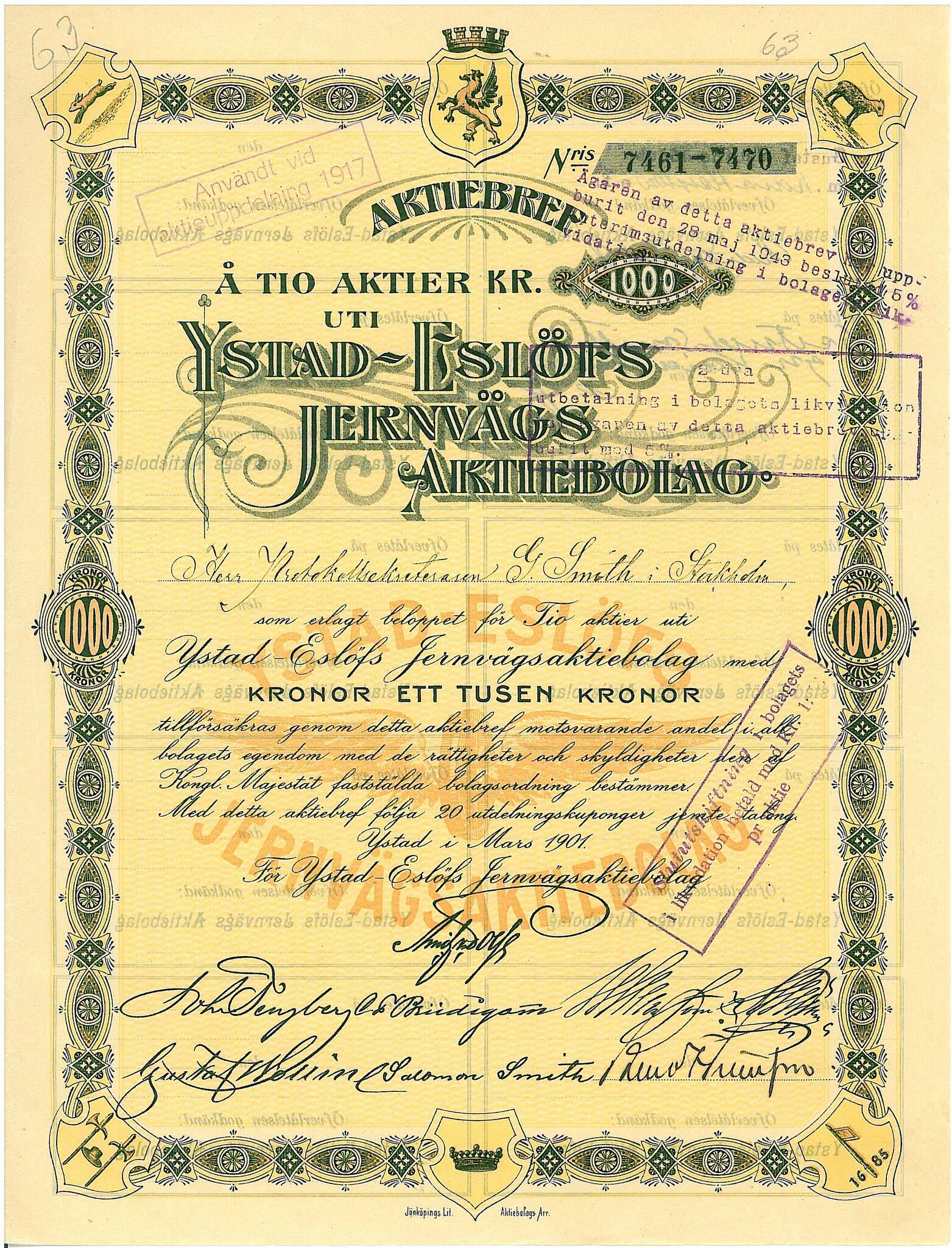 Ystad-Eslöfs Jernvägs AB, 1 000 kr, 1901