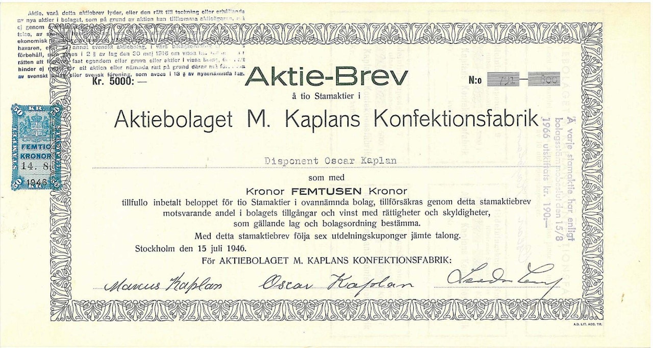 M. Kaplans Konfektionsfabrik AB, 1946