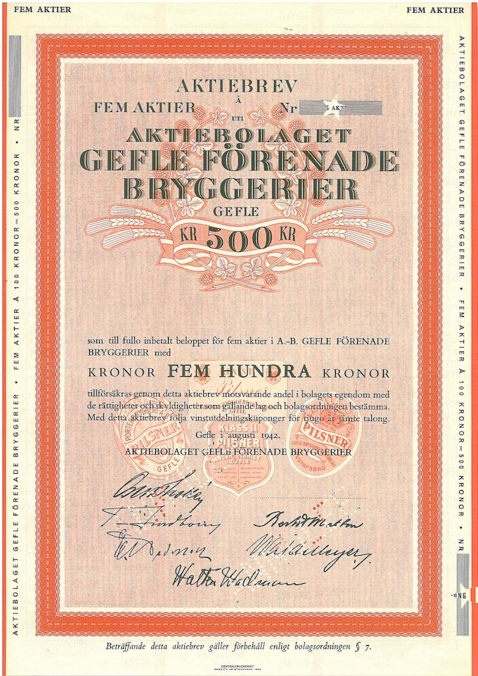 Gefle Förenade Bryggerier, 500 kr