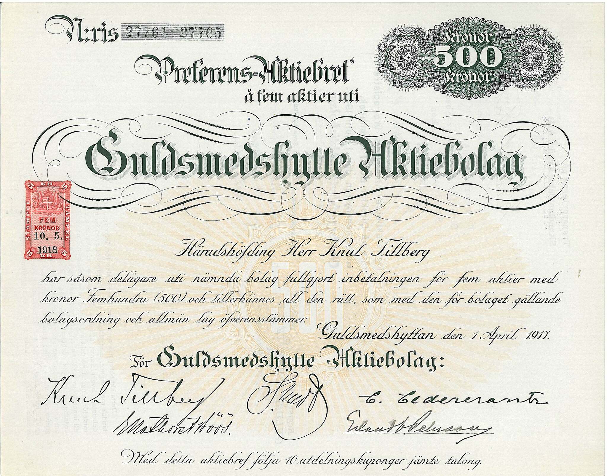 Guldsmedshytte AB, 1917, 500 kr
